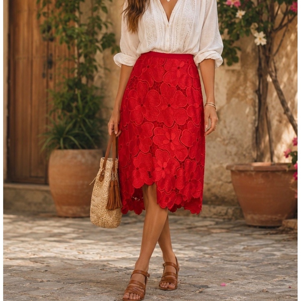 Cynthia Rowley Anthropologie Red A-Line Embroidered Lace Floral Skirt 2